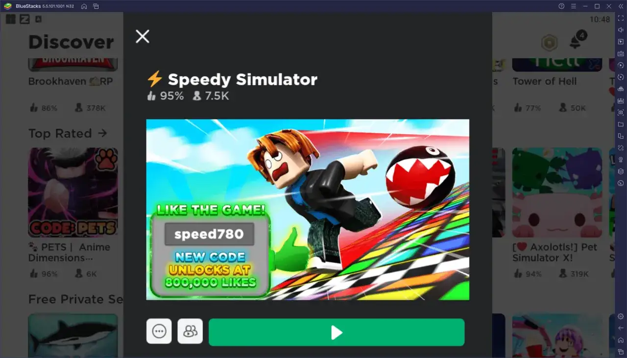 Speedy Simulator, prawdopodobnie najlepsza gra w Roblox, z kodem speed780 odblokowującym nagrody przy 800 tys. polubień.