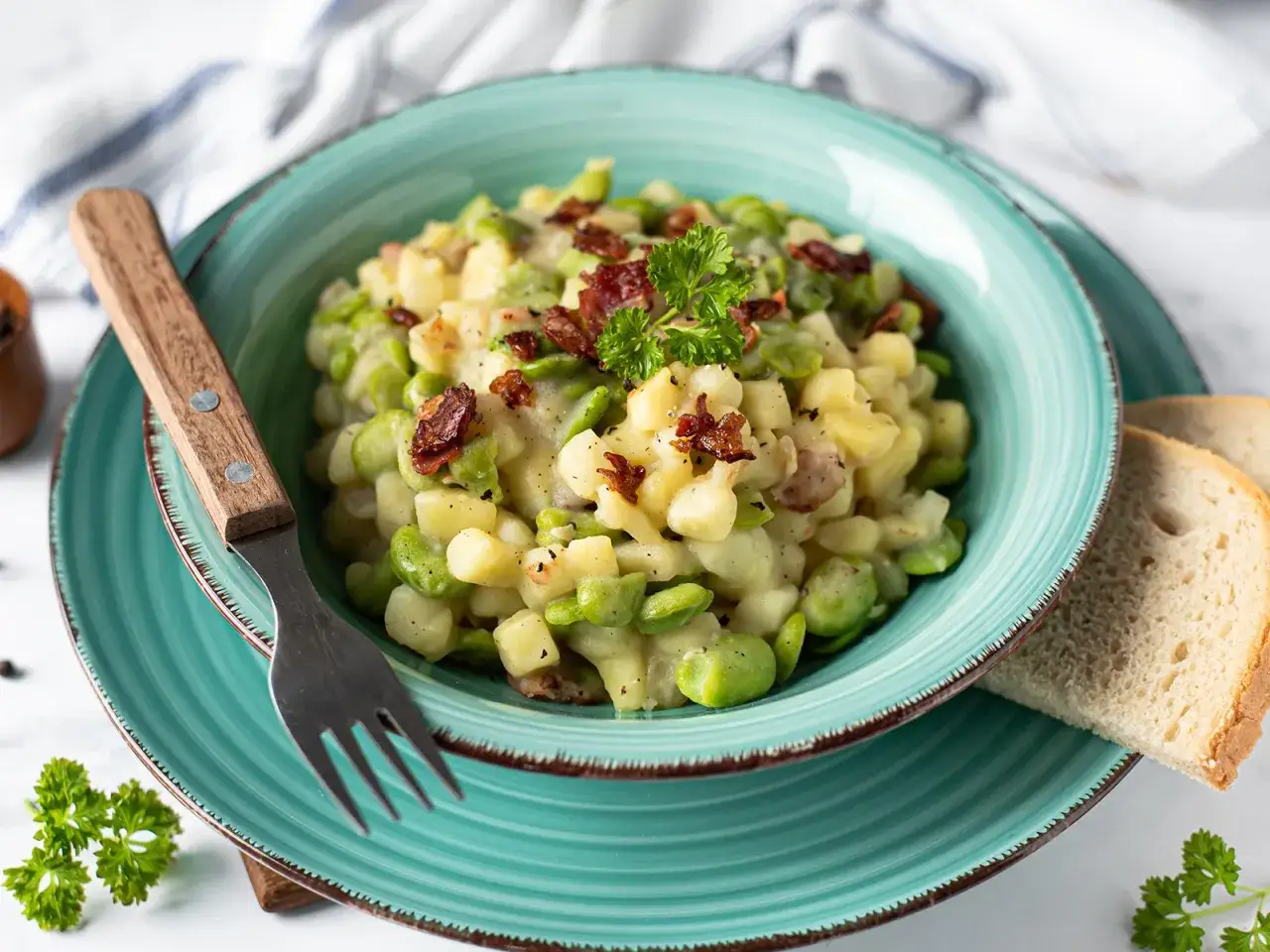 Ein köstliches Gericht mit dicken Bohnen, Kartoffeln und Speck, perfekt für ein einfaches dicke bohnen rezept. Mit frischer Petersilie garniert.