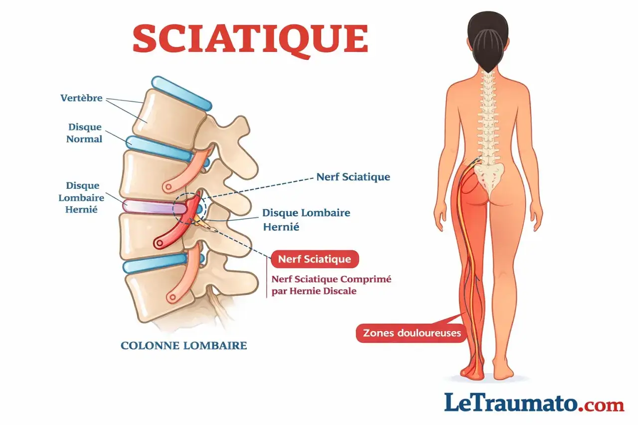 Illustration expliquant la sciatique : un disque lombaire hernié comprime le nerf sciatique, causant des zones douloureuses. Combien de temps dure la sciatique ?