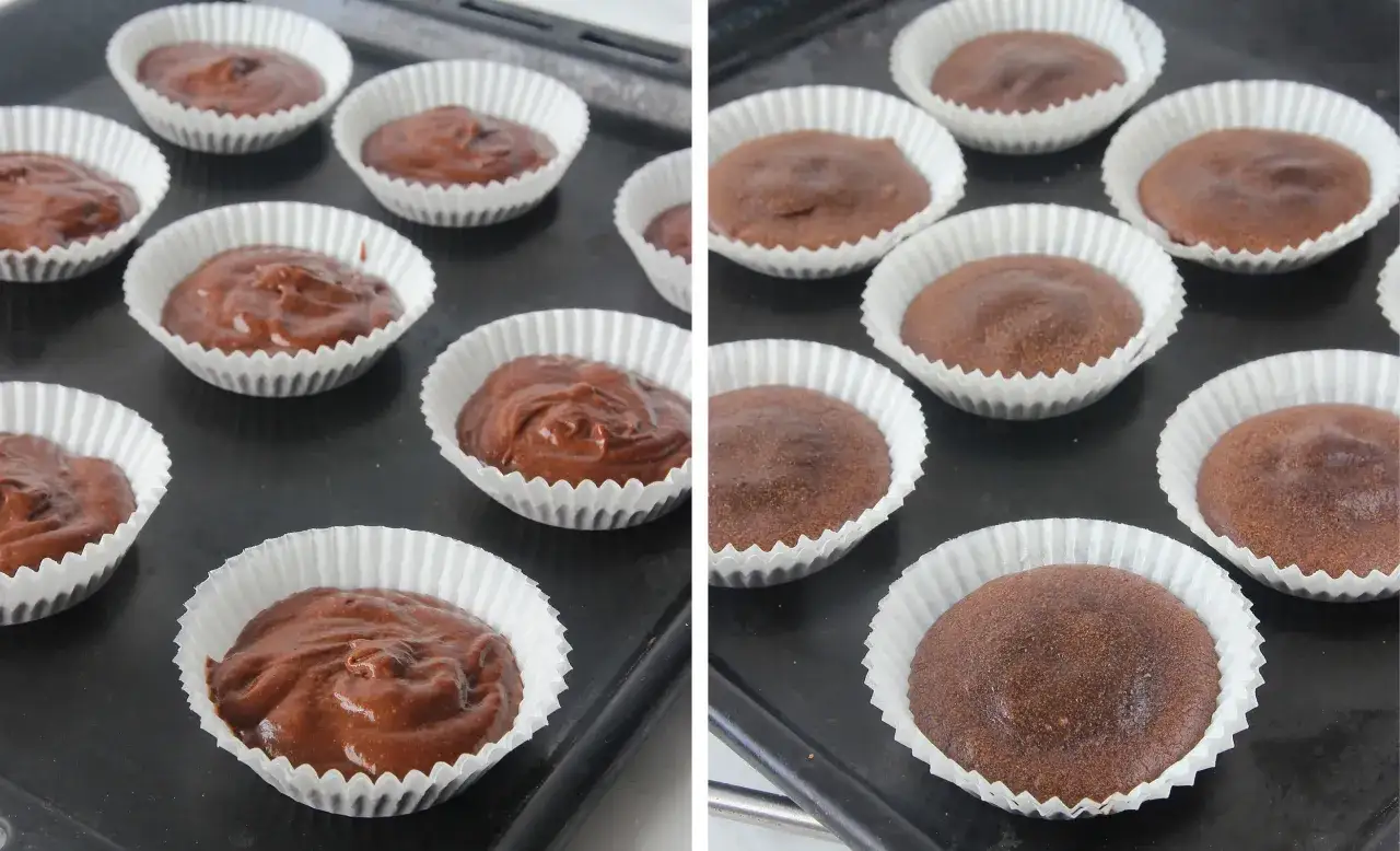 Chokladkladdkakemuffins recept: smet i formar till vänster, färdiga muffins till höger. Läckert!