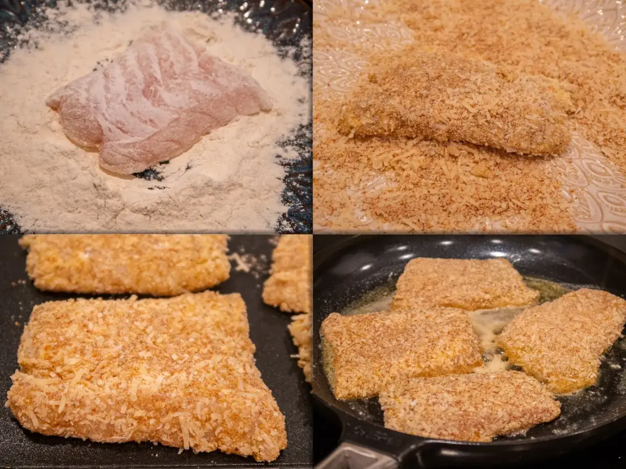 Fiskfil&eacute;er paneras och steks gyllene i en stekpanna.