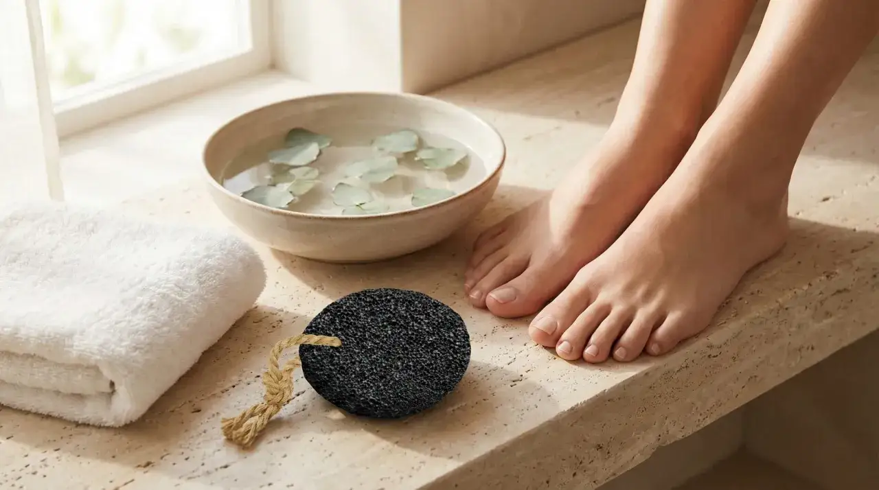 Pieds nus pr&egrave;s d'un bol d'eau aux feuilles d'eucalyptus, d'une serviette et d'une pierre ponce. Un soin naturel pour le durillon du pied.