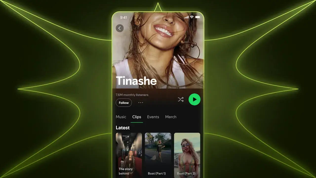 Spotify artist page for Tinashe, showing her profile and clips. Learn how to get followers on Spotify by engaging with fans like this.