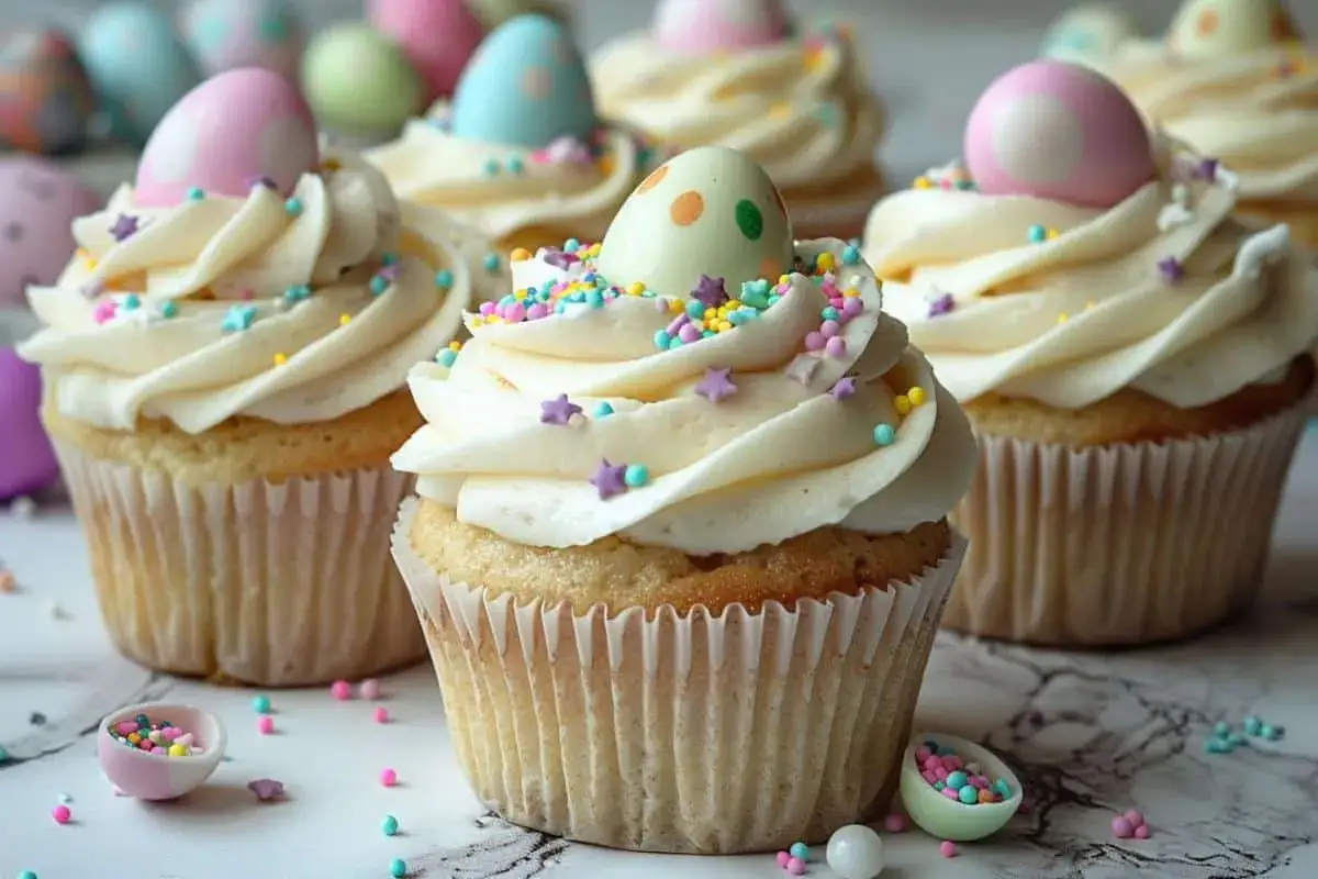 Cupcakes d&eacute;cor&eacute;s d'&oelig;ufs de P&acirc;ques et de vermicelles color&eacute;s. La meilleure recette cupcake pour c&eacute;l&eacute;brer la saison !