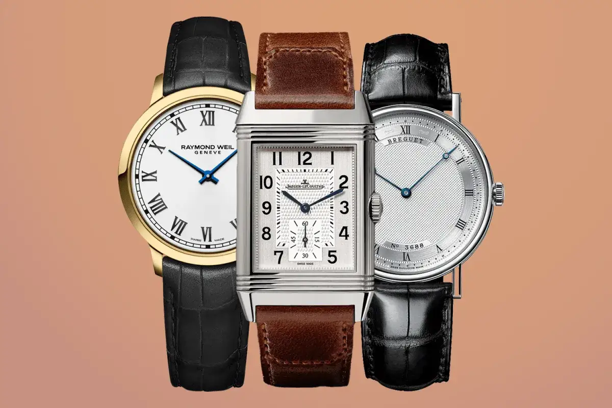 Tre klassiska herrur med l&auml;derarmband: en guldf&auml;rgad Raymond Weil, en silverf&auml;rgad Jaeger-LeCoultre och en Breguet. Orient star classic.