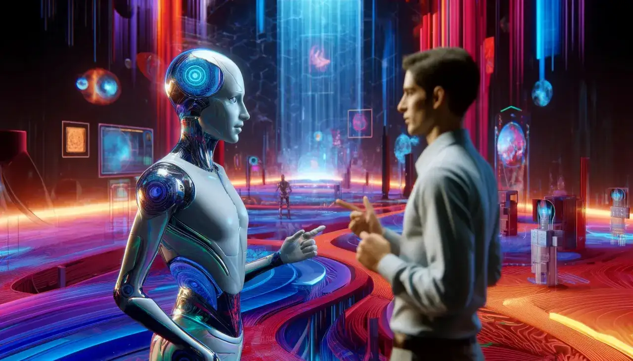 Ein Mann und eine KI diskutieren in einer futuristischen, neonbeleuchteten Welt. Sie erkunden, was ist metaversum, mit holografischen Anzeigen und einer digitalen Landschaft.