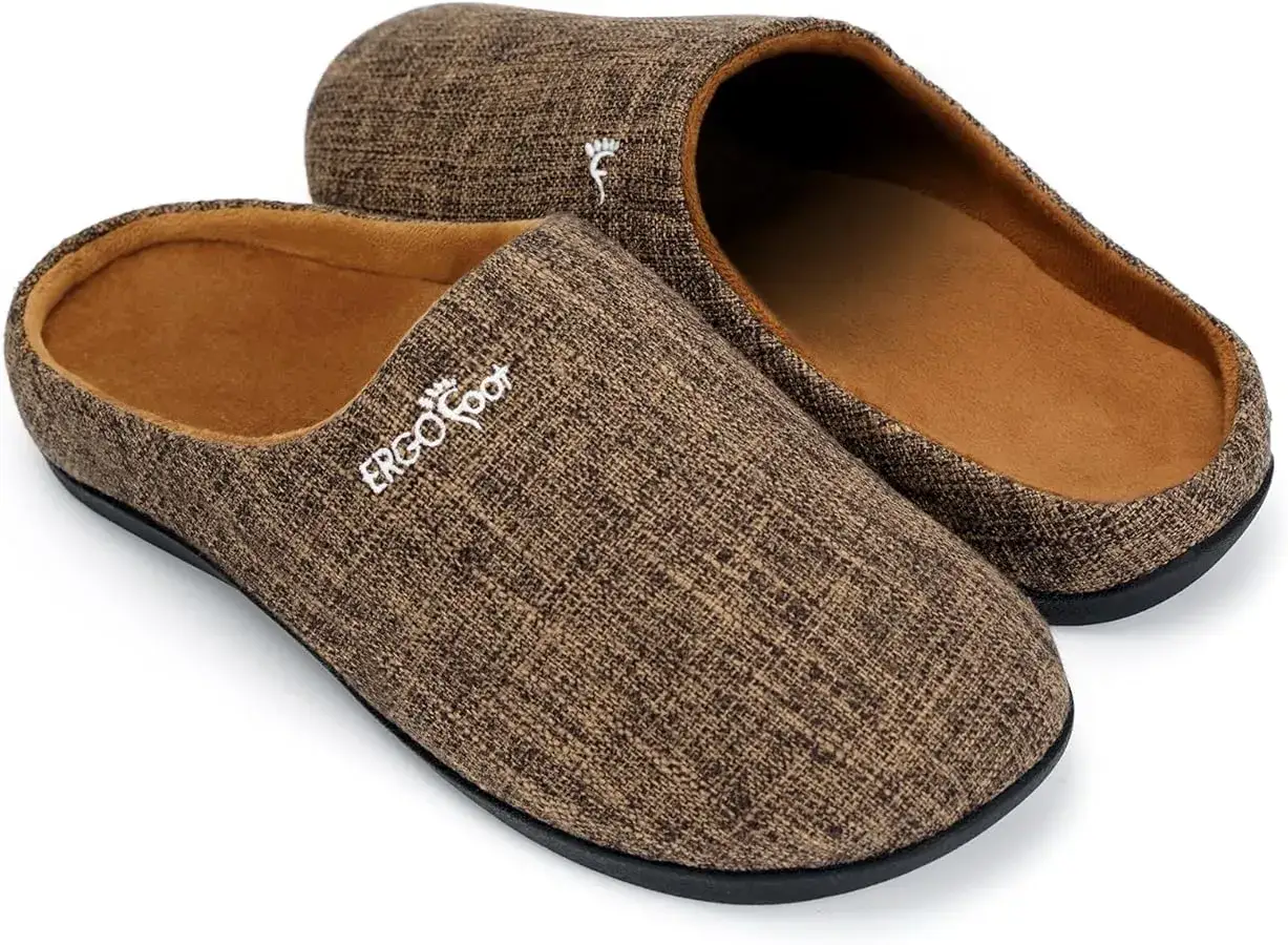 Bequeme Hausschuhe für Einlagen, braun meliert, mit ERGO FOOT Logo. Perfekt für Komfort zu Hause.