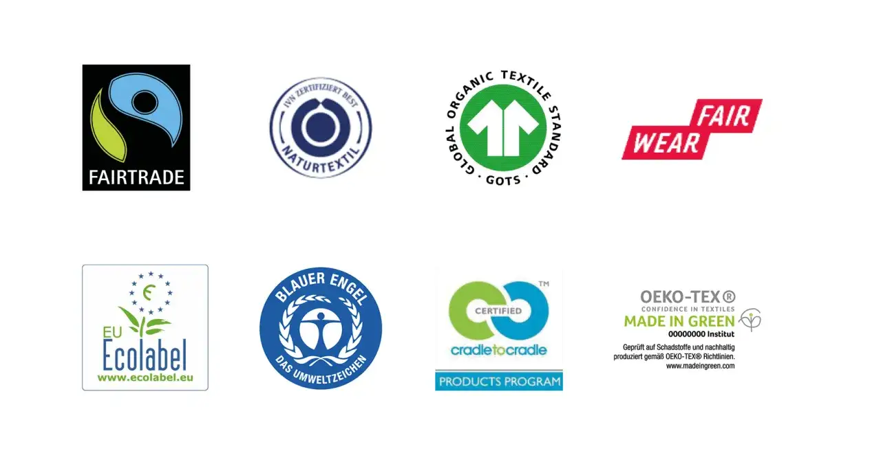 Siegel f&uuml;r nachhaltige Kleidung: Fairtrade, GOTS, EU Ecolabel, Blauer Engel, Fair Wear, OEKO-TEX&reg; Made in Green.