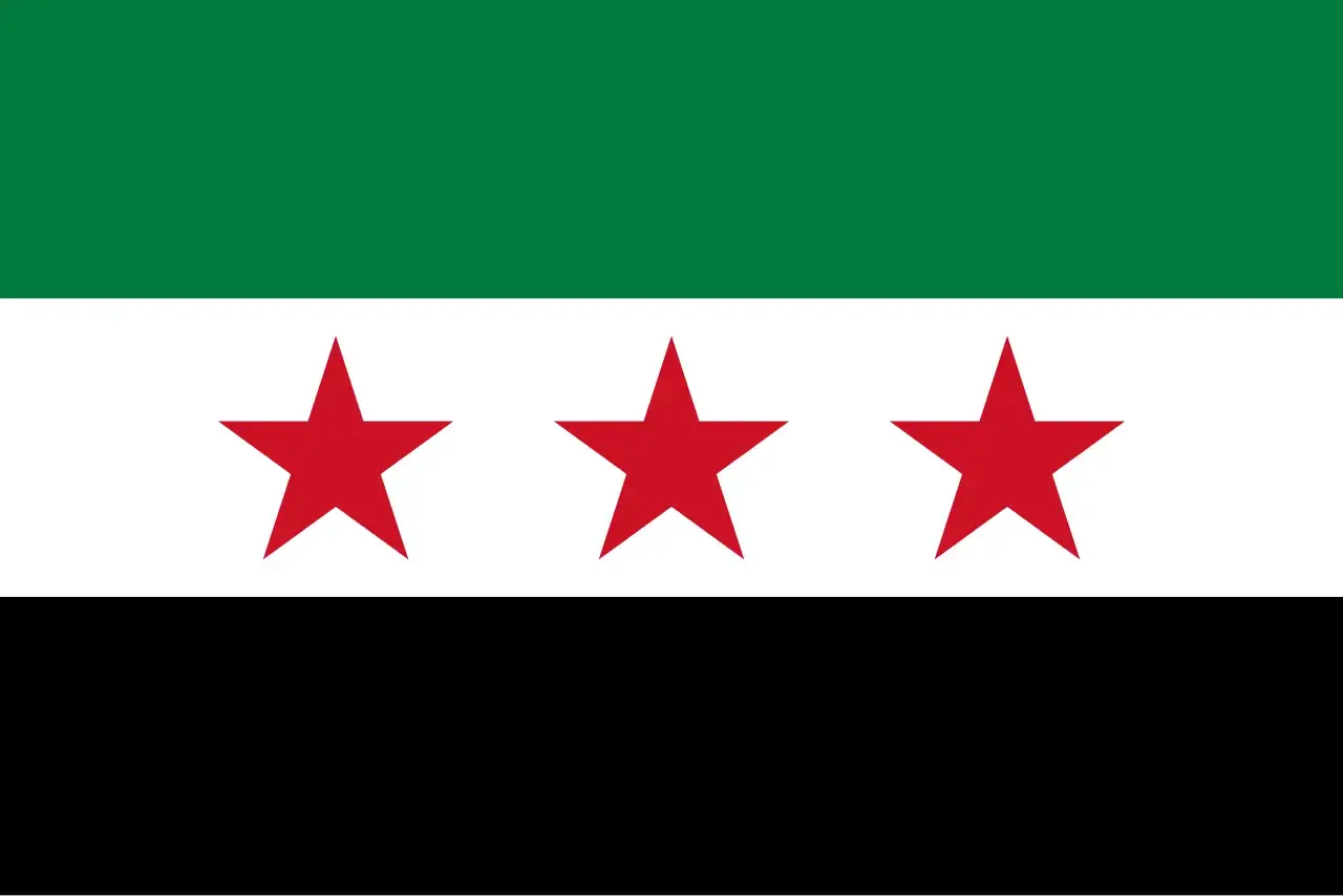 Flaga Syrii: zielony, biały i czarny pas z trzema czerwonymi gwiazdami.