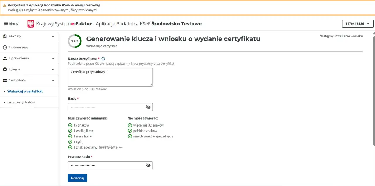 Formularz generowania klucza i wniosku o wydanie certyfikatu KSeF. Wpisz nazwę certyfikatu i hasło.