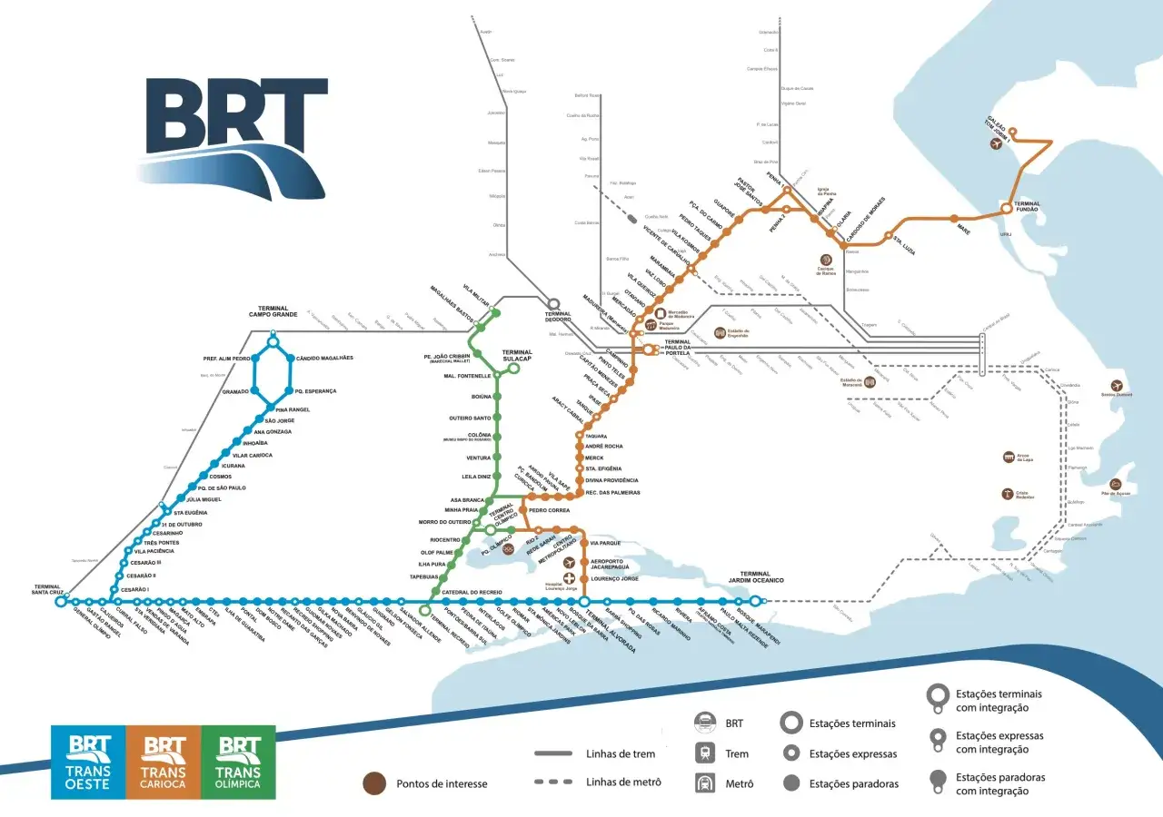 Mapa BRT Rio de Janeiro, z zaznaczoną trasą do lotniska Galeão Tom Jobim 1.