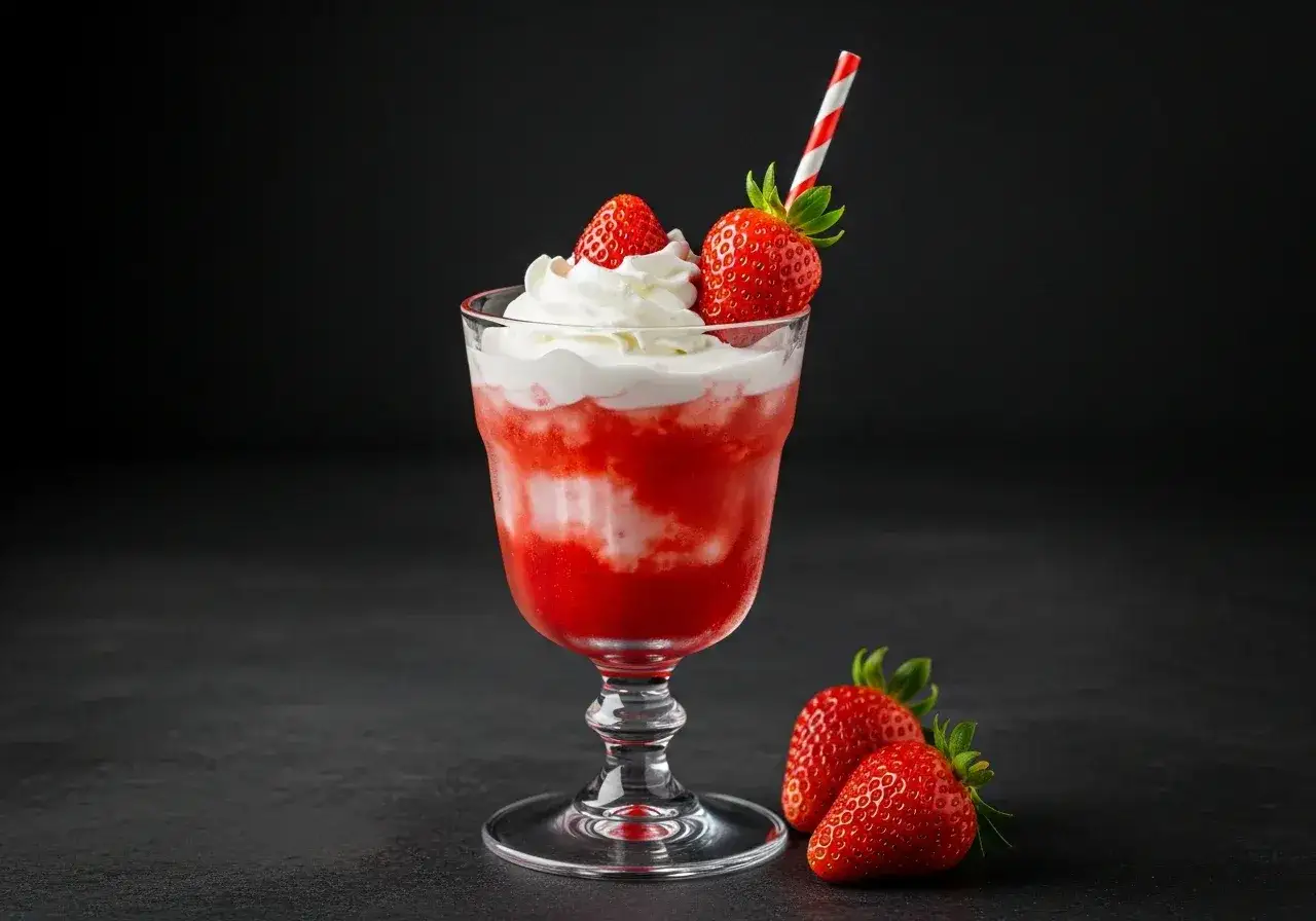 En läcker strawberry daiquiri med vispgrädde och färska jordgubbar, redo att avnjutas.