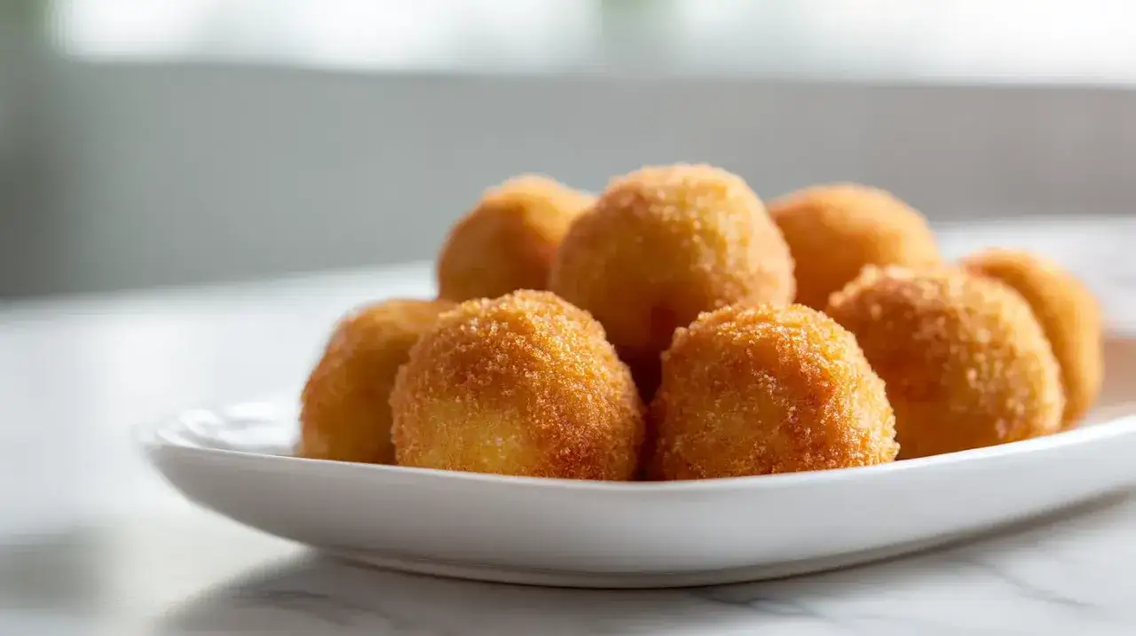 Goldbraune, knusprige Kroketten, frisch zubereitet, liegen auf einem weißen Teller. Perfekt zum **kroketten selber machen**!