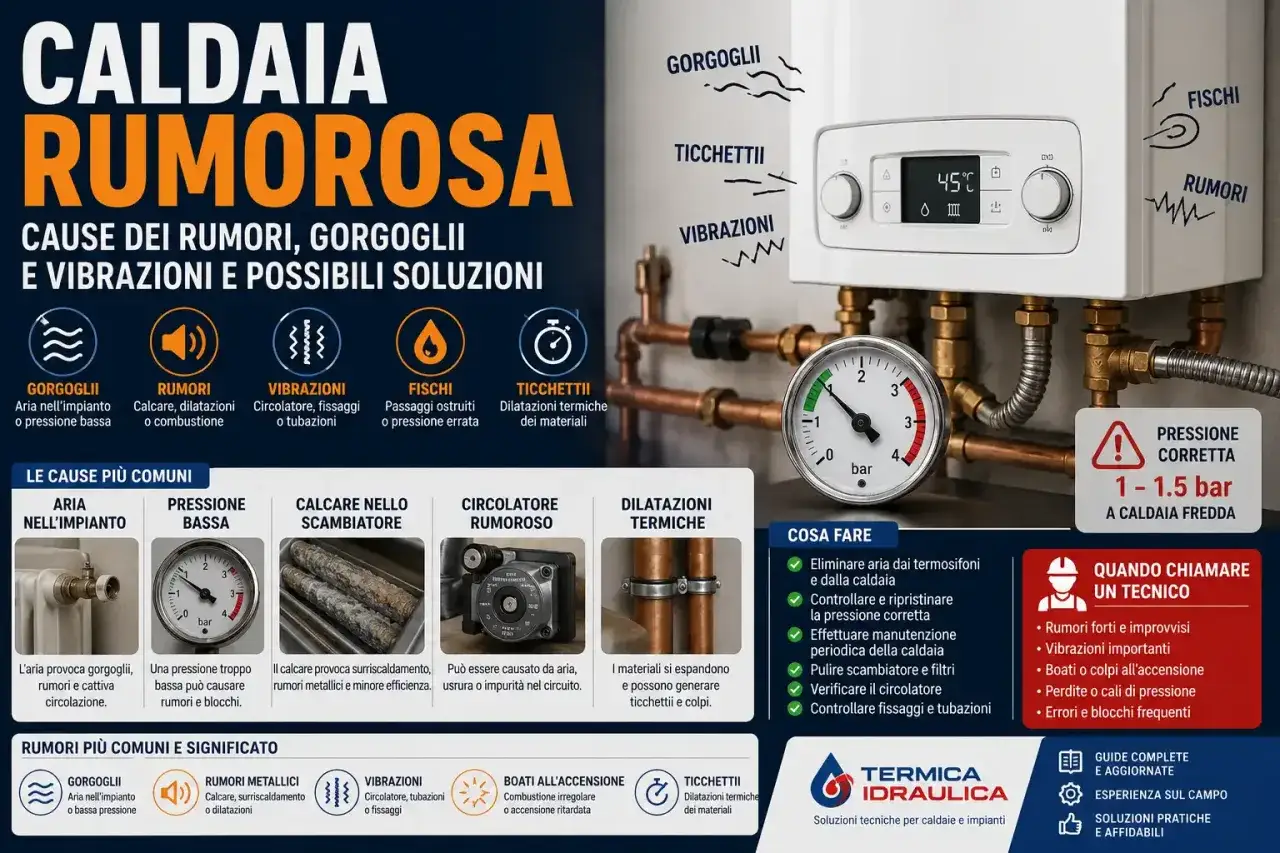 Caldaia rumorosa con gorgoglii e acqua che scorre. Cause: aria, calcare, dilatazioni. Soluzioni: controllo pressione, manutenzione.