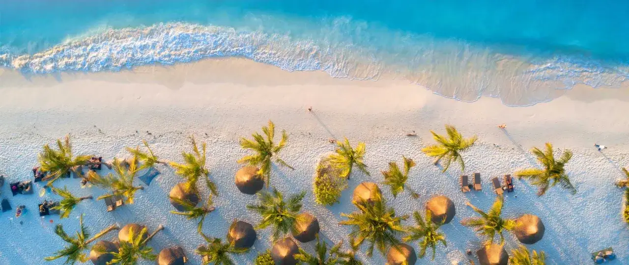 Rajskie plaże Zanzibaru podczas odpływów. Palmy, leżaki i turkusowa woda tworzą idylliczny krajobraz.