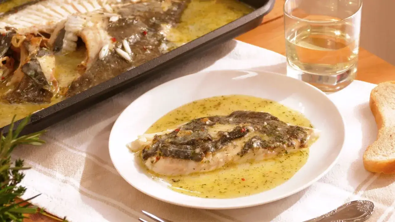 Rodaballo a la plancha servido en plato blanco con salsa amarilla y hierbas. En la bandeja, m&aacute;s rodaballo. Acompa&ntilde;a una copa de vino blanco y pan.
