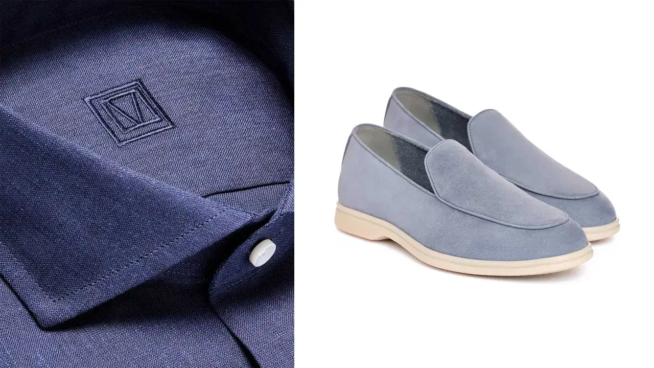 Dettaglio camicia blu con logo ricamato e mocassini azzurri in camoscio. Perfetto per un elegante outfit uomo sportivo estivo.