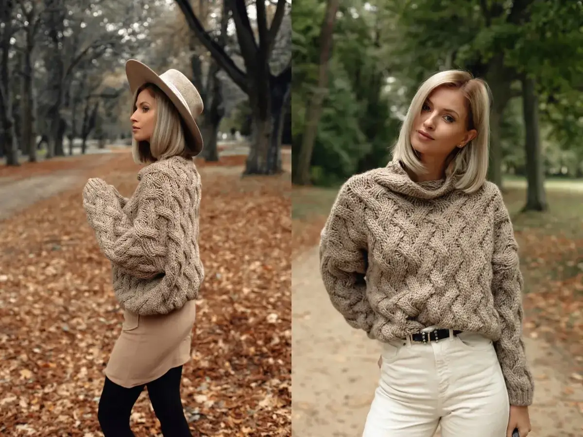Kobieta w beżowym swetrze z wiskozy, z warkoczowym splotem, w jesiennym parku. Czy taki sweter z wiskozy jest dobry?
