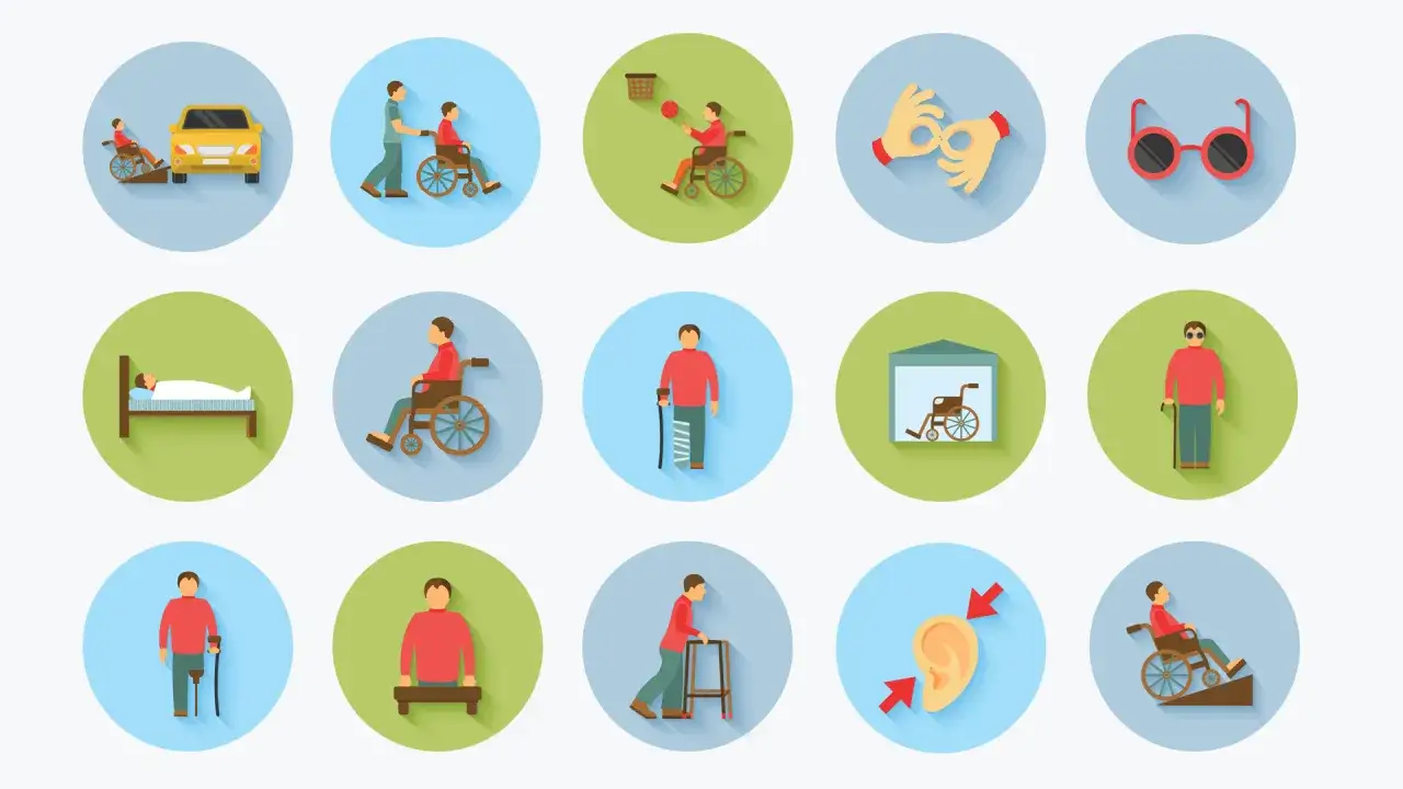 Icons zeigen Menschen mit Behinderungen, Rollst&uuml;hle, Gehhilfen und H&ouml;rhilfen. Sie symbolisieren die Herausforderungen, die die pflegereform 2026 angehen soll.