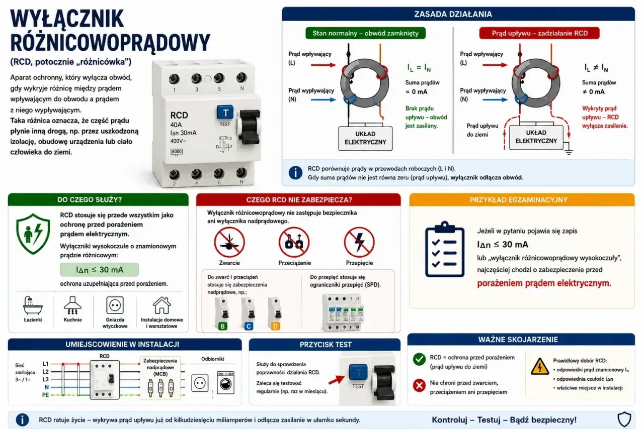 Wyłącznik r&oacute;żnicowoprądowy (RCD) to aparat ochronny, kt&oacute;ry wykrywa prąd upływu do ziemi, chroniąc przed porażeniem prądem elektrycznym.