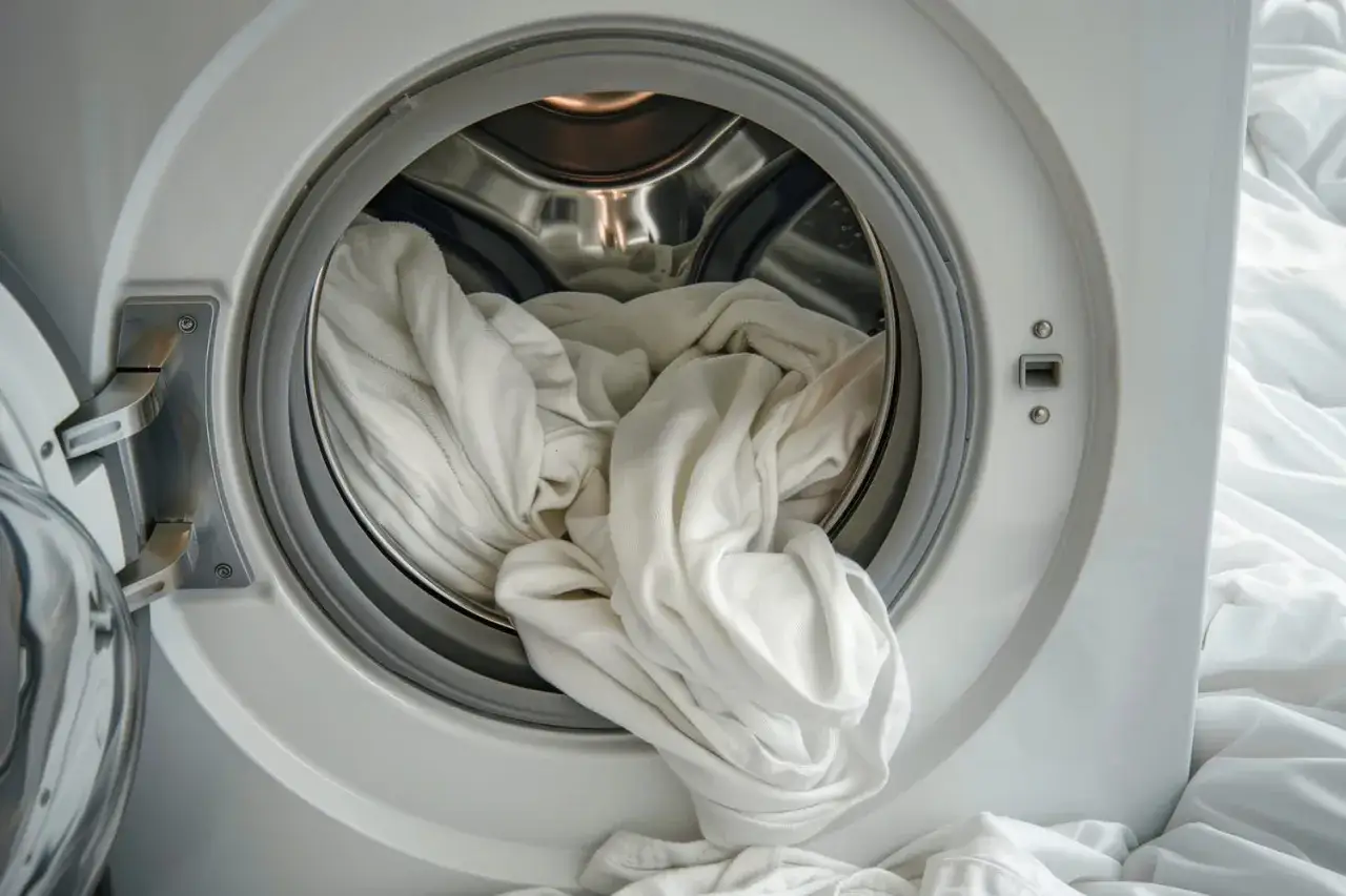 Tambour de machine à laver rempli de linge blanc prêt pour un lavage éclatant avec de l'eau de javel pour blanchir le linge en machine.