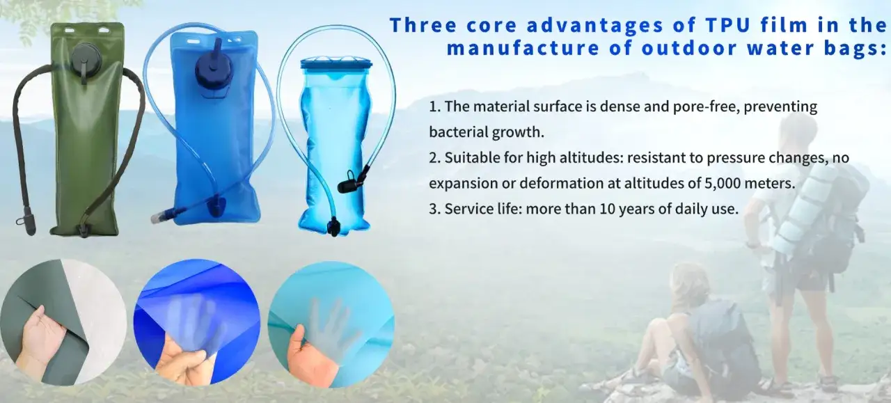 Gr&uuml;ne und blaue Trinkblasen aus TPU-Folie, frei von BPA-Weichmachern. Ideal f&uuml;r Outdoor-Abenteuer, da sie robust und langlebig sind.