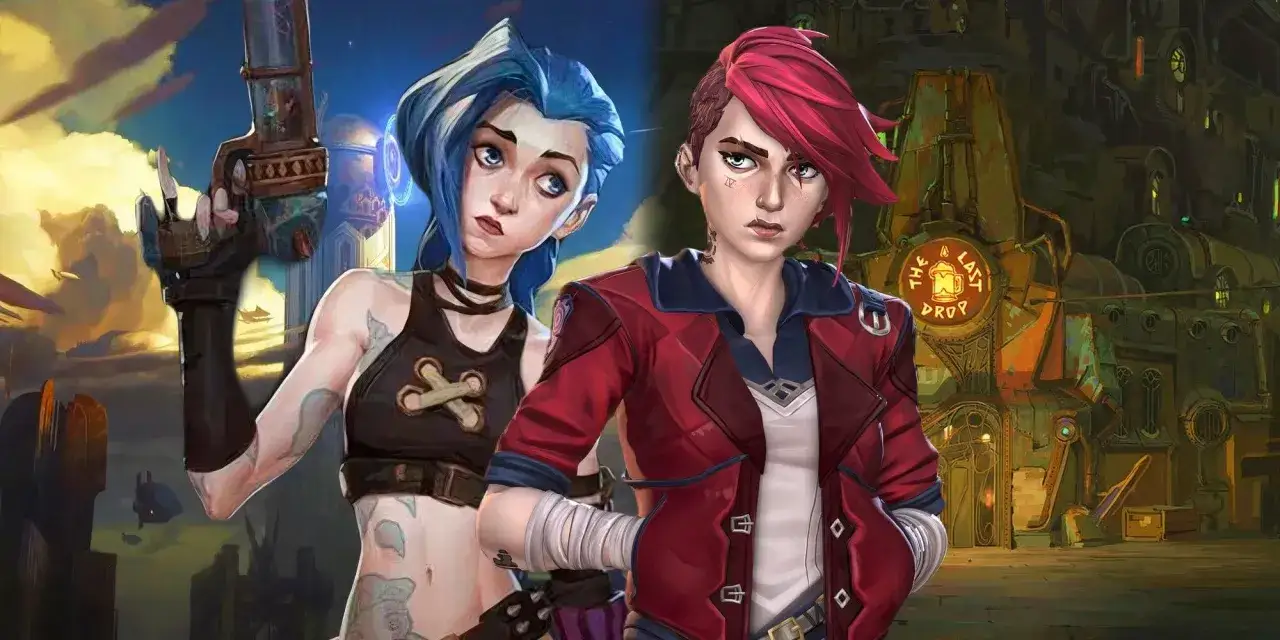 Jinx und Vi sind bereit f&uuml;r die lol neue staffel! Die Schwestern stehen vor einer d&uuml;steren Stadtkulisse.