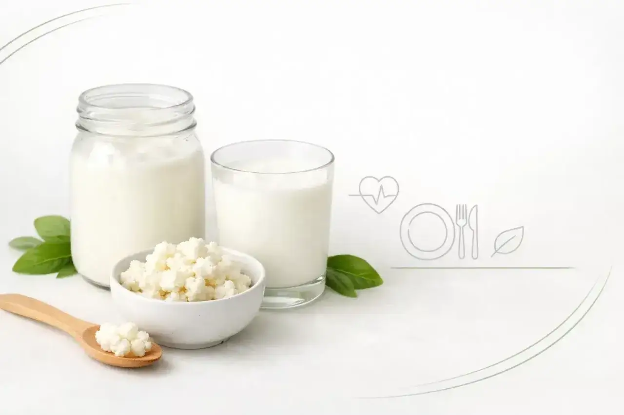 Kefir w słoiku i szklance, ziarna kefirowe na łyżce i w miseczce. Czy w kefirze jest laktoza? To pytanie nurtuje wiele osób.