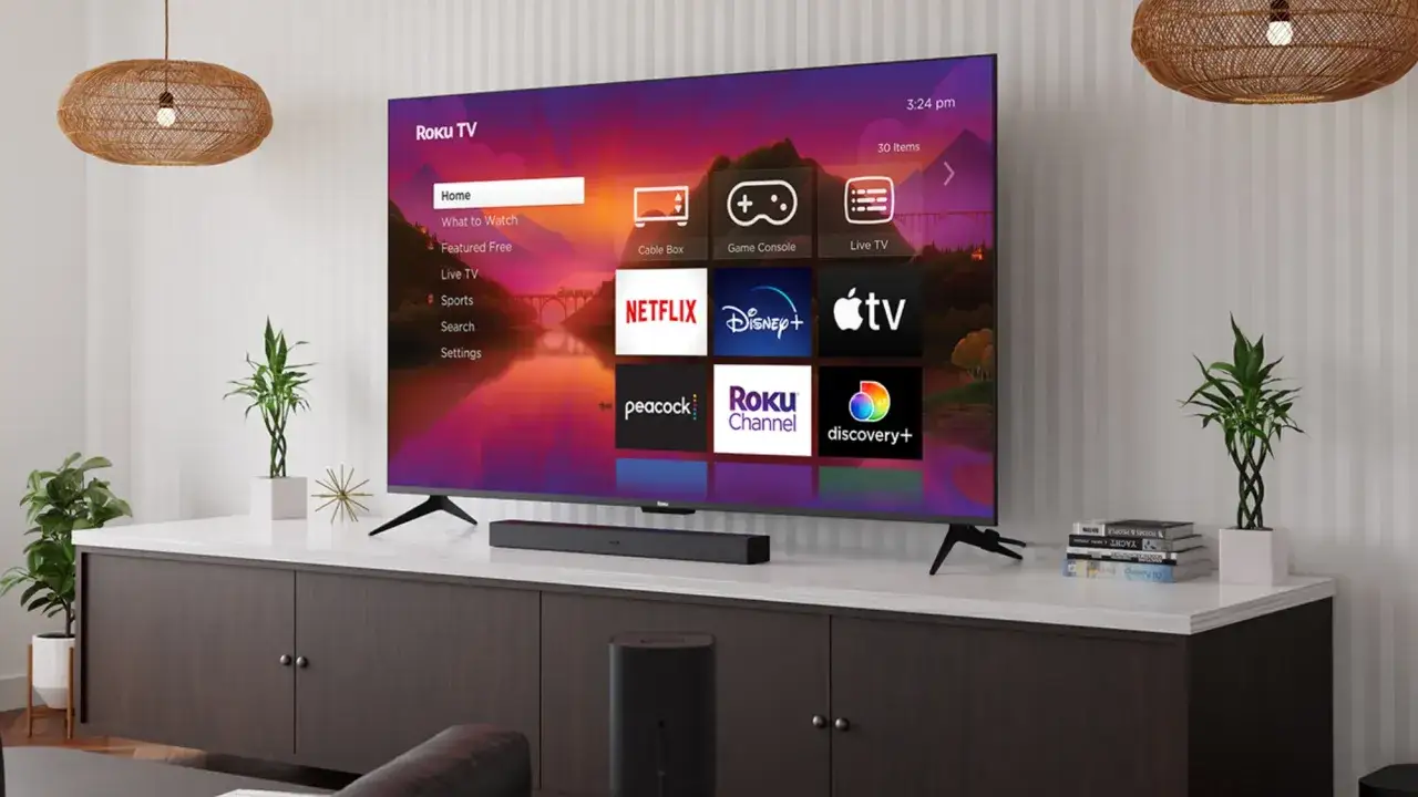 Telewizor Roku z menu aplikacji, w tym Netflix i Disney+, oferuje kinowe wrażenia dzięki technologii Dolby Vision.