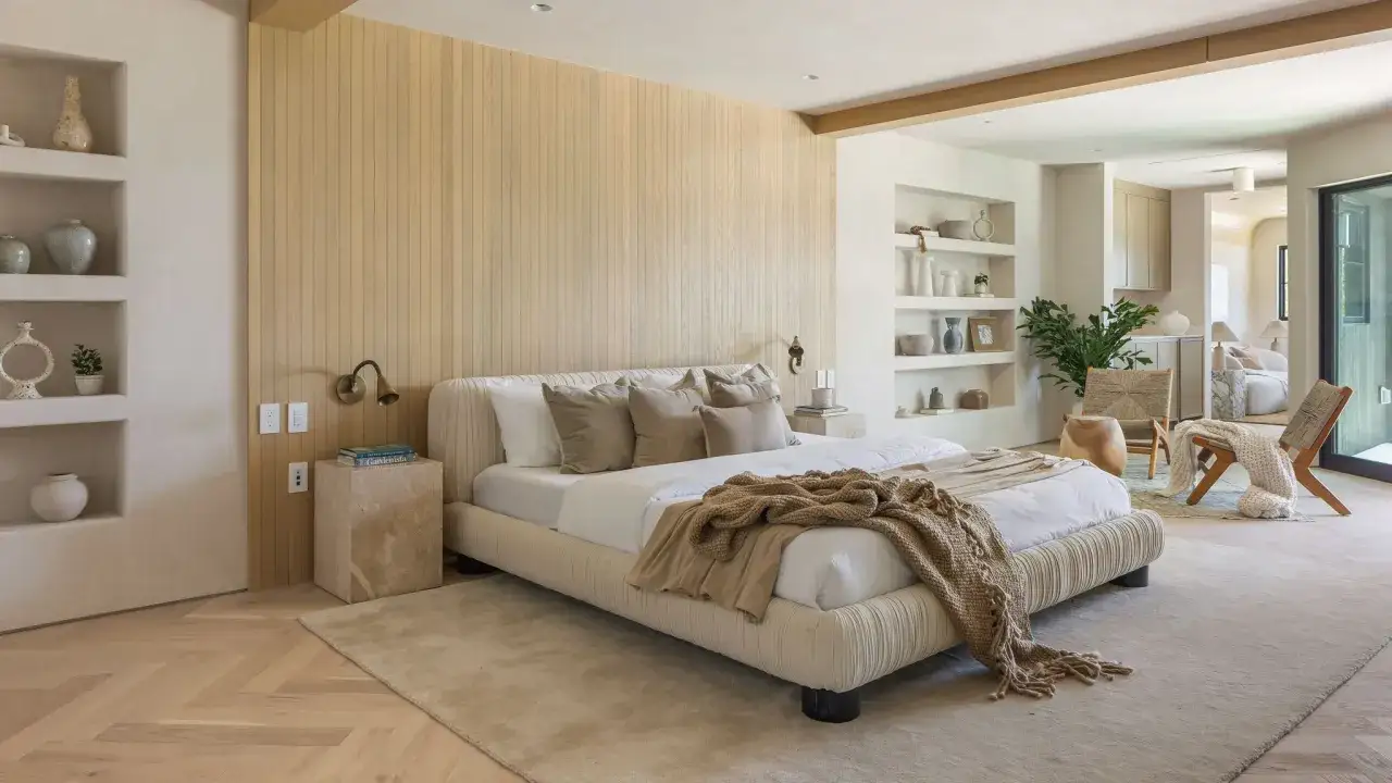 Ein gemütliches Schlafzimmer mit einem großen Bett, das zum **Bett machen Psychologie** einlädt. Natürliche Materialien und dezente Farben schaffen Ruhe.