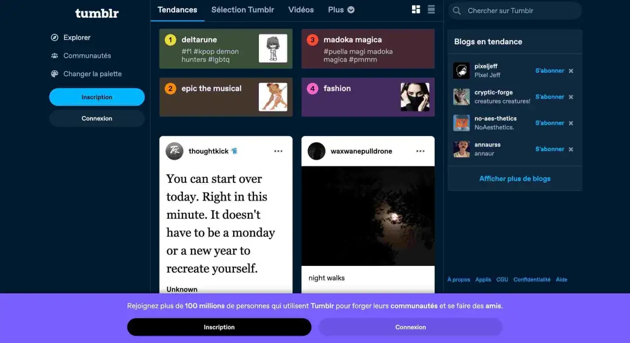 Page d'accueil de ce site pour blog, montrant les tendances et les blogs populaires sur Tumblr.