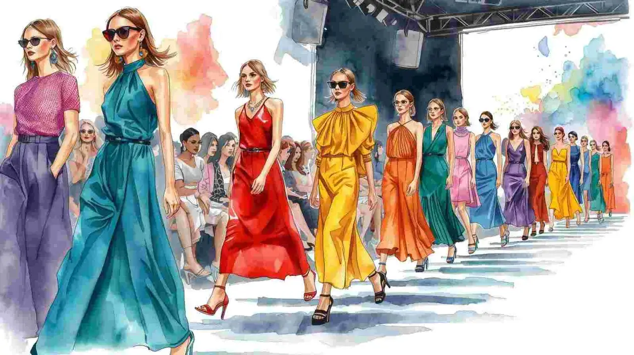 D&eacute;fil&eacute; de mode vibrant, une explosion de couleur de l'&eacute;t&eacute;. Des robes fluides aux teintes vives d&eacute;filent sur le podium, sous les regards admiratifs.