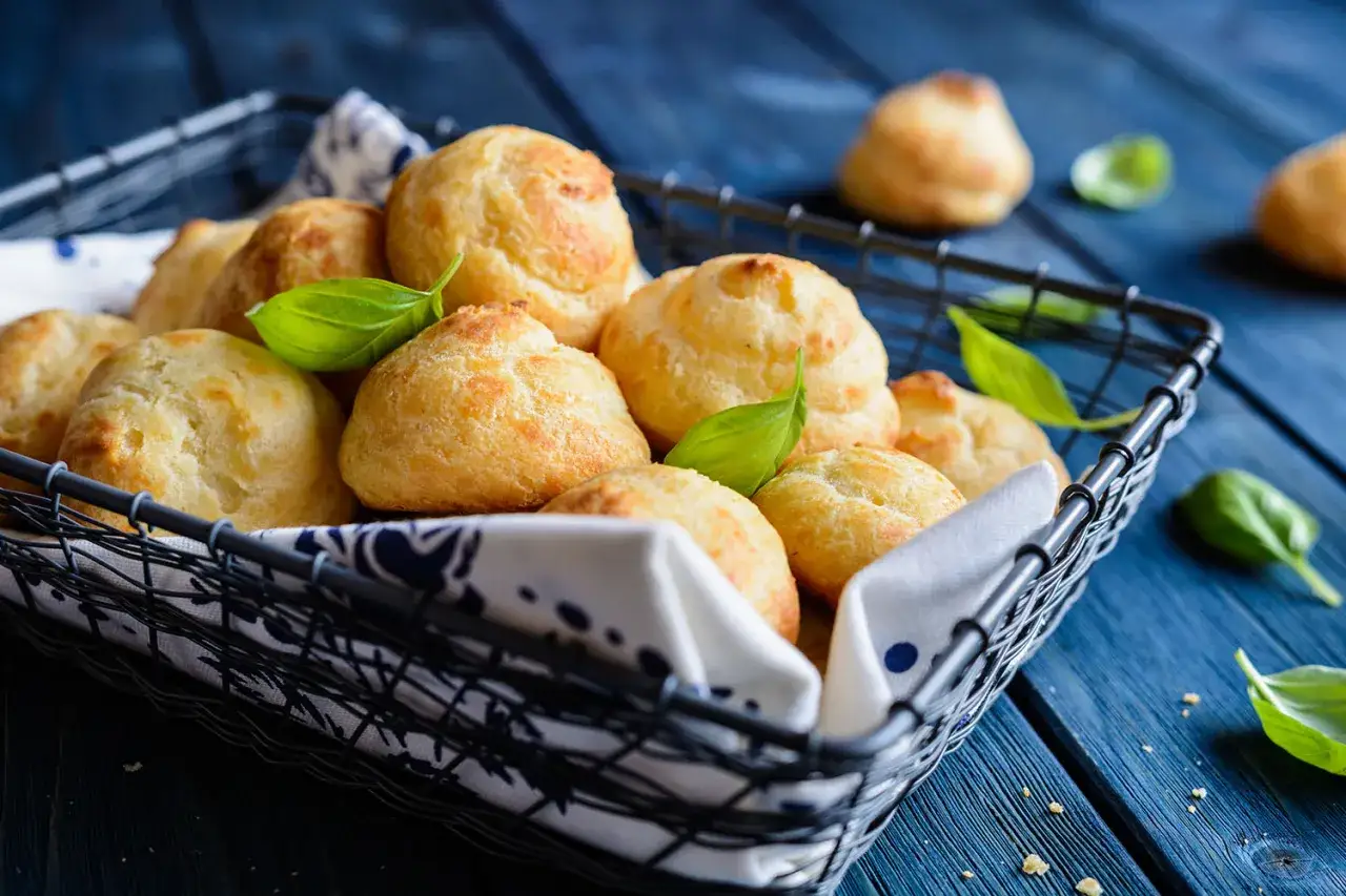 Goug&egrave;res dor&eacute;es et gonfl&eacute;es dans un panier, garnies de feuilles de basilic. Parfait pour apprendre comment faire gonfler des goug&egrave;res.