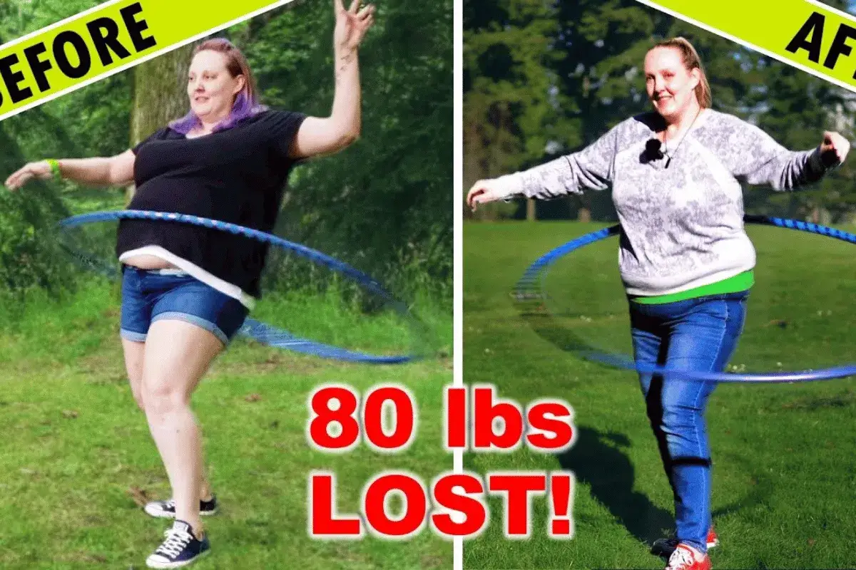 Kobieta kręci hula hop, pokazując efekty po 2 tygodniach. Schudła 80 funtów!