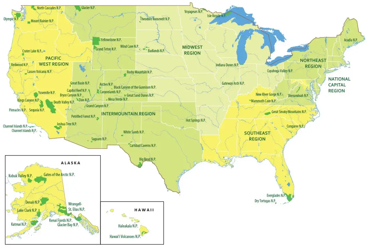 Karte der nationalparks usa: von Alaska bis Florida, von den Rocky Mountains bis zu den Great Smoky Mountains.
