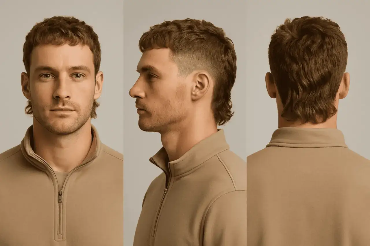 Mężczyzna prezentuje nowoczesną fryzurę mullet. Krótkie włosy z przodu i dłuższe z tyłu nadają mu stylowy wygląd.