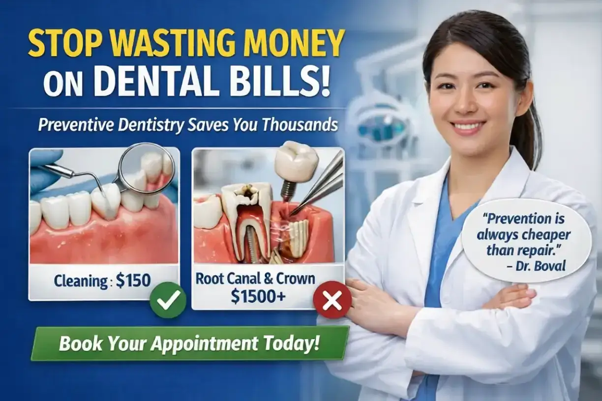 Prevenzione dentale: pulizia a $150, devitalizzazione e corona a $1500+. Il detartrasi costo è basso per evitare spese maggiori. Prenota oggi!
