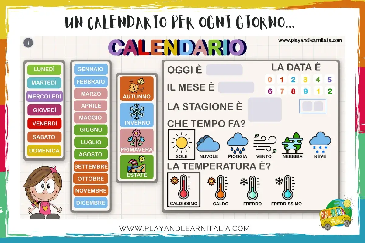 Un calendario interattivo per la scuola dell'infanzia, con giorni, mesi, stagioni, meteo e temperature.