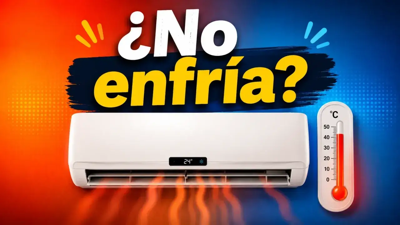 ¿Tu aire acondicionado no enfría? Un termómetro marca alta temperatura junto a un split que parece emitir calor.