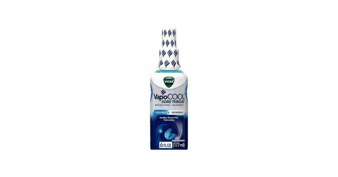 Spray Vicks VapoCOOL para aliviar el dolor de garganta, ideal si sufres de dolor de garganta por vapear. Alivia el dolor y adormece.