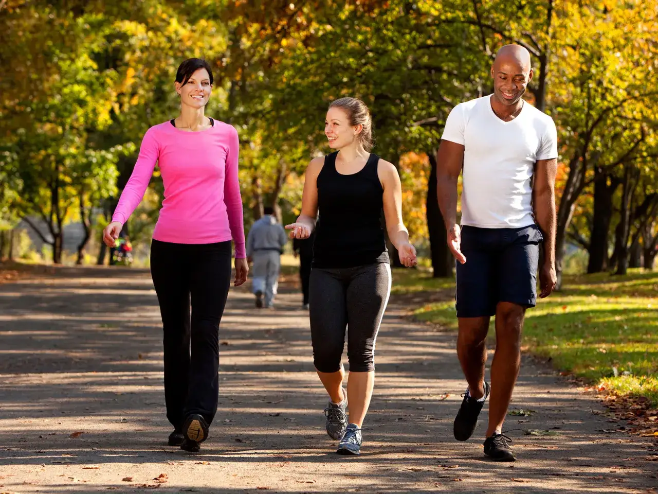 Drei Freunde genießen einen sonnigen Herbsttag im Park. Sie gehen spazieren und erreichen ihr Ziel von 10.000 Schritten, was etwa 7-8 km entspricht.