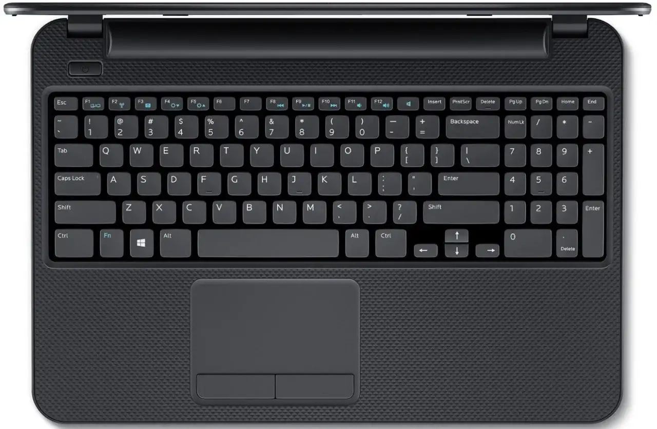 Klawiatura laptopa z widocznym touchpadem. Klawisze są czarne, z białymi oznaczeniami. Widoczna jest blokada klawiatury w laptopie.