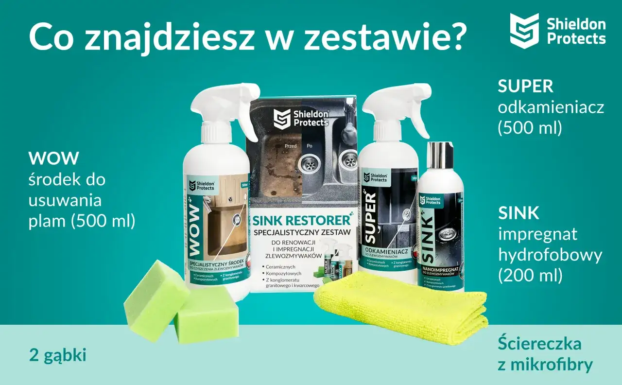 Zestaw naprawczy do zlewu granitowego: środki do czyszczenia, odkamieniania i impregnacji, gąbki i ściereczka z mikrofibry.