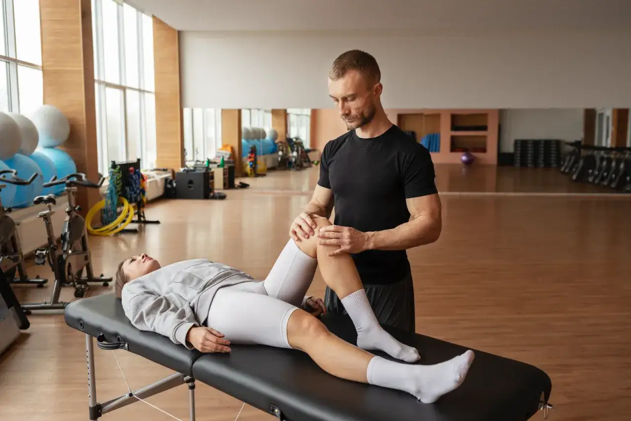 Fizjoterapeuta pomaga pacjentce w ćwiczeniach, pokazując, jaka rehabilitacja na kolano jest najlepsza.
