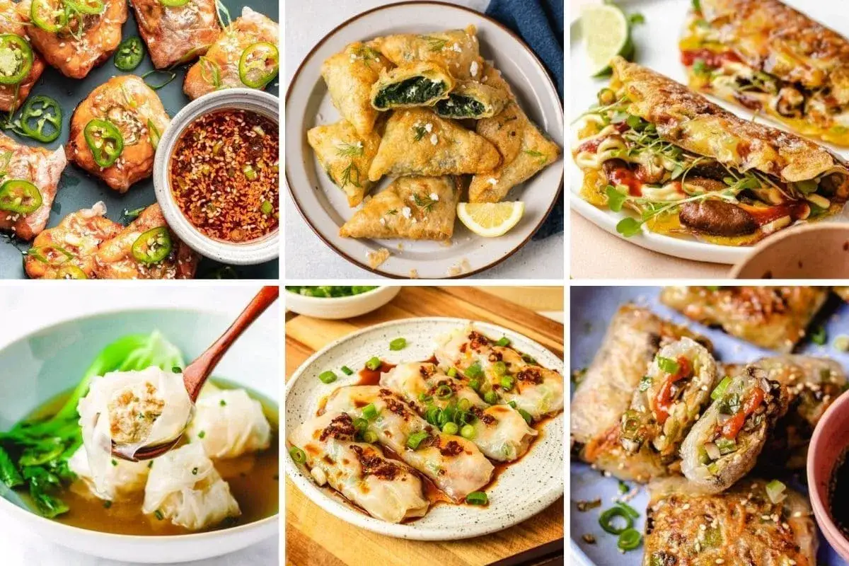 Olika rätter med rispapper, som är glutenfritt. Här finns friterade piroger, vårrullar och dumplings i buljong.