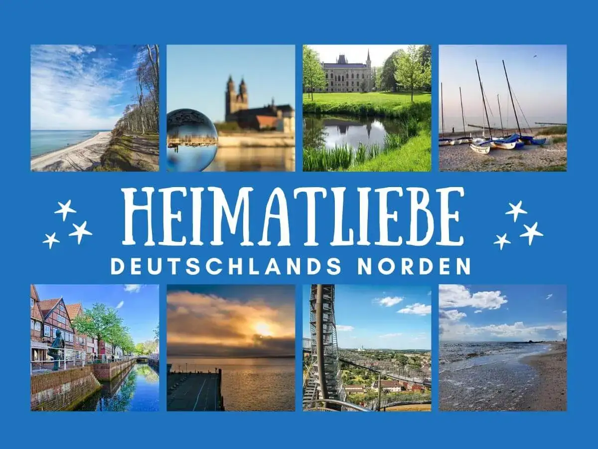 Collage mit acht Bildern von Deutschlands Norden, die die schönsten Urlaubsziele zeigen: Küste, Dom, Schloss, Segelboote, Kanal, Sonnenuntergang, Aussichtsturm und Strand.