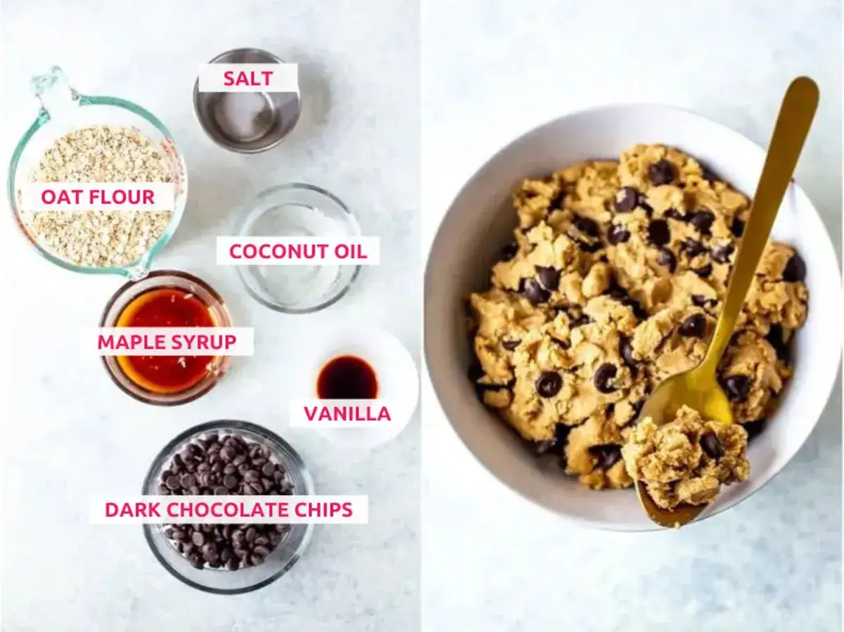 Pâte à cookie crue healthy avec flocons d'avoine, huile de coco, sirop d'érable, vanille, sel et pépites de chocolat noir.