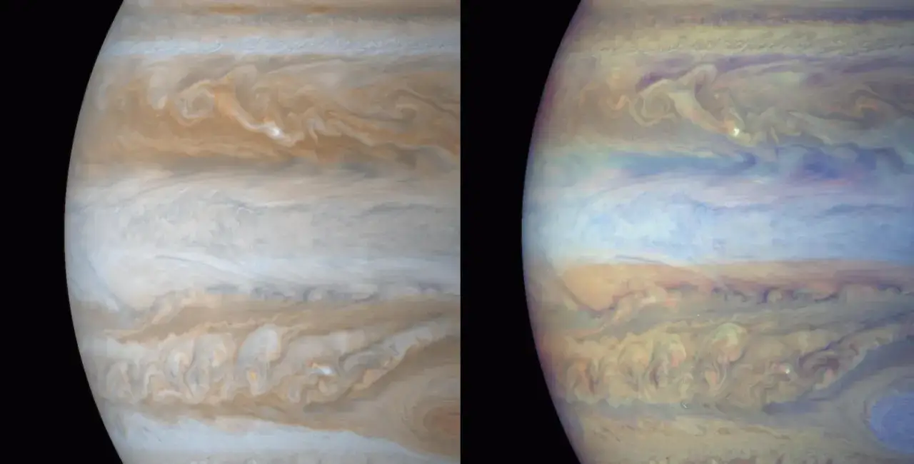 Dwa zbliżenia na Jowisza, ukazujące wirujące chmury w odcieniach brązu, bieli i błękitu. Te zdjecia planet pokazują dynamiczne pasy atmosferyczne.