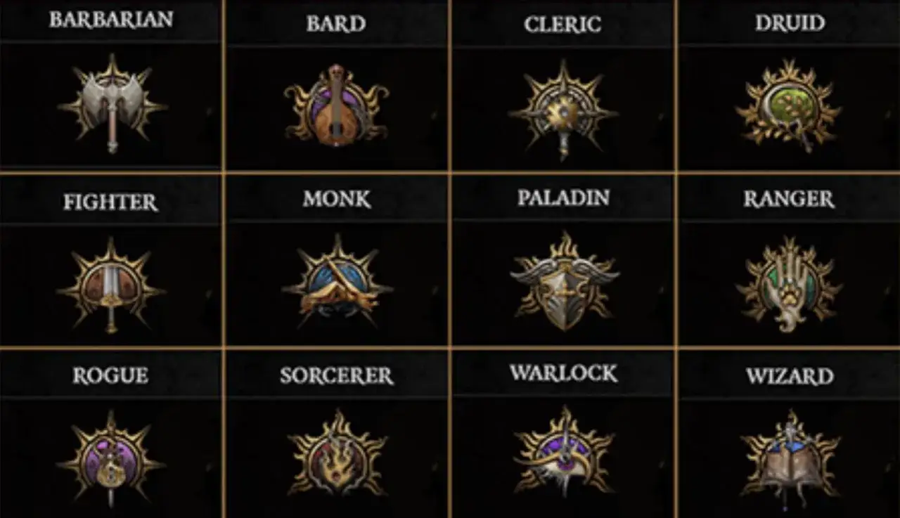 Iconos de las mejores clases de Baldur's Gate 3: Bárbaro, Bardo, Clérigo, Druida, Guerrero, Monje, Paladín, Explorador, Pícaro, Hechicero, Brujo y Mago.