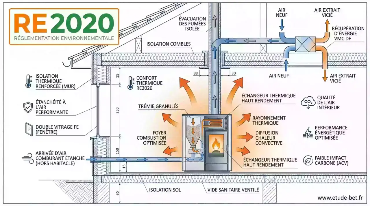 Schéma RE2020 : poêle à granulés, isolation renforcée, VMC double flux avec récupération d'énergie pour une faible consommation et un impact carbone réduit.